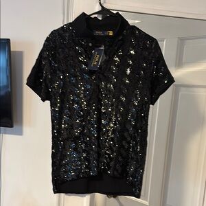 Polo Ralph Lauren Black Sequin Cable Stitch Polo Shirt